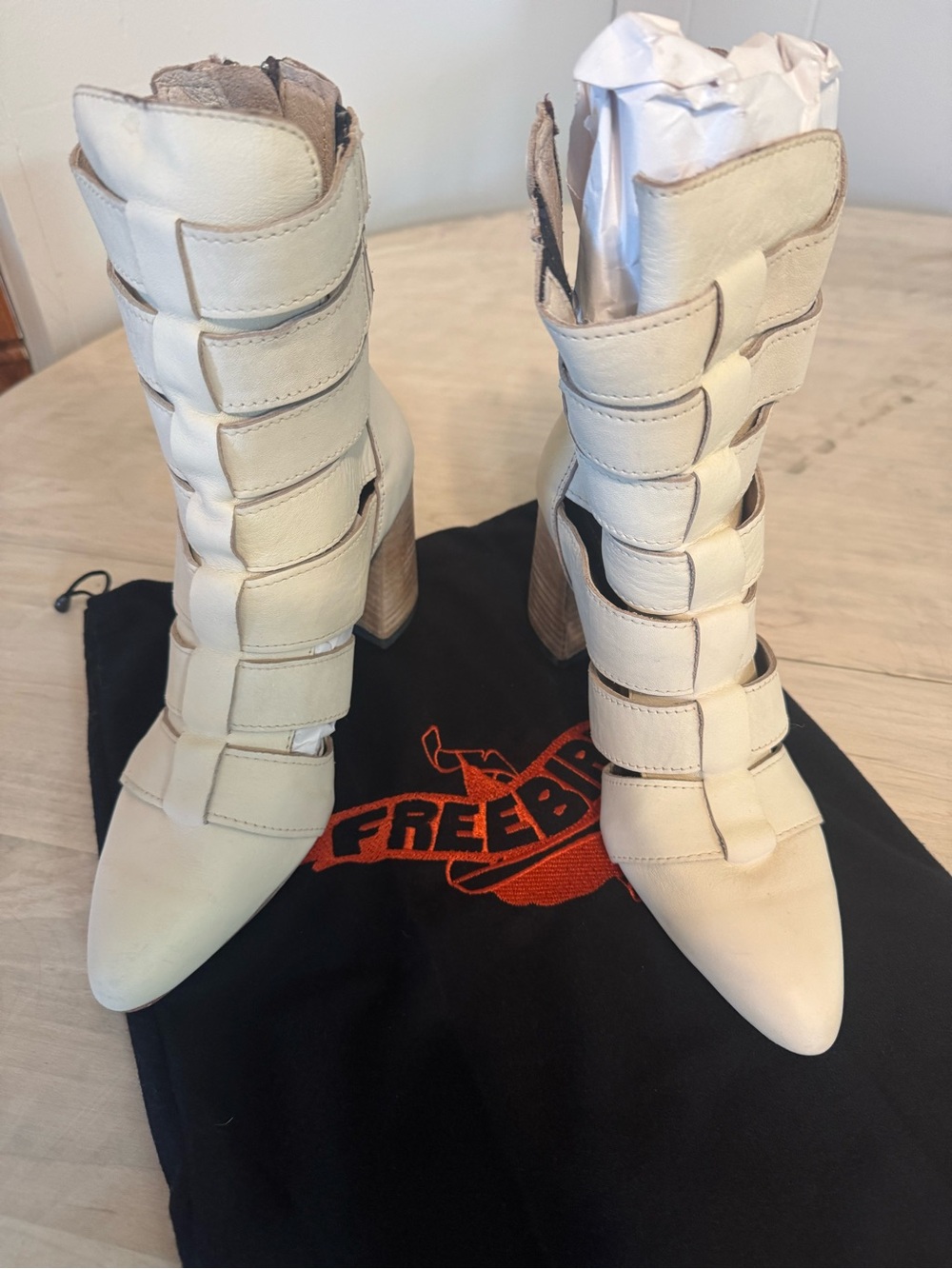 Freebird by Steven Cream Strappy Cutout Heeled Boots never worn Jagger